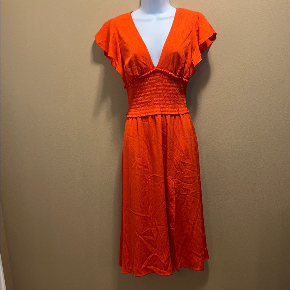 Leith Orange Red Smocked Midi Dress V-Neck Flutter Sleeve Side Slit Size XS - Picture 2 of 12